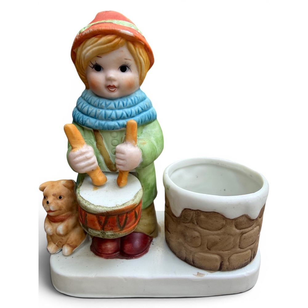 Vintage 1980s Drummer Boy Candle Holder Bisque Porcelain Christmas Votive Holder